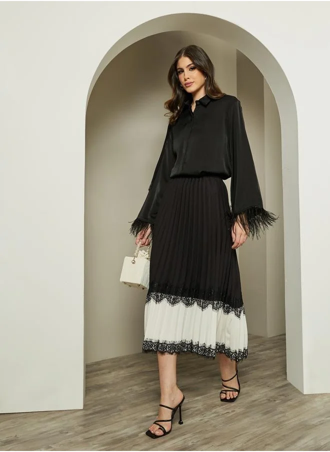 Styli Color Block Pleated A-Line Midi Skirt with Lace Trim