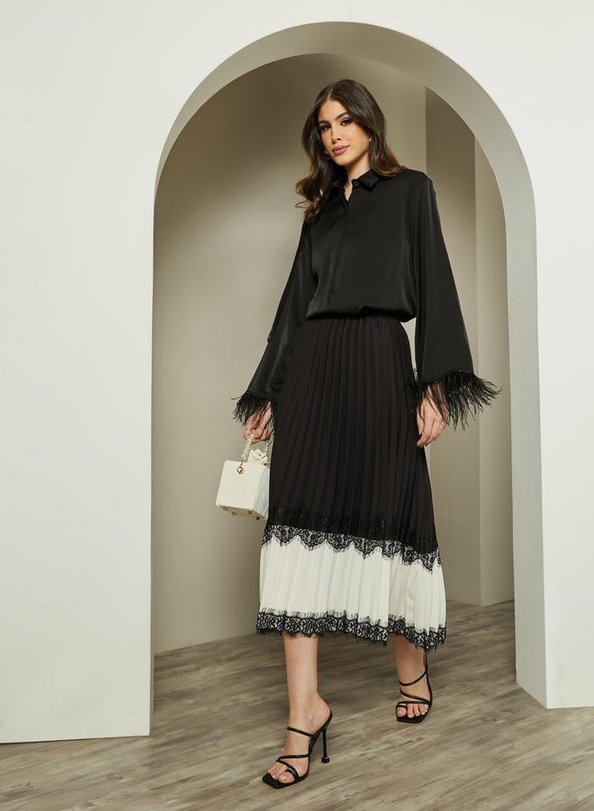 Styli Color Block Pleated A-Line Midi Skirt with Lace Trim - Image 1