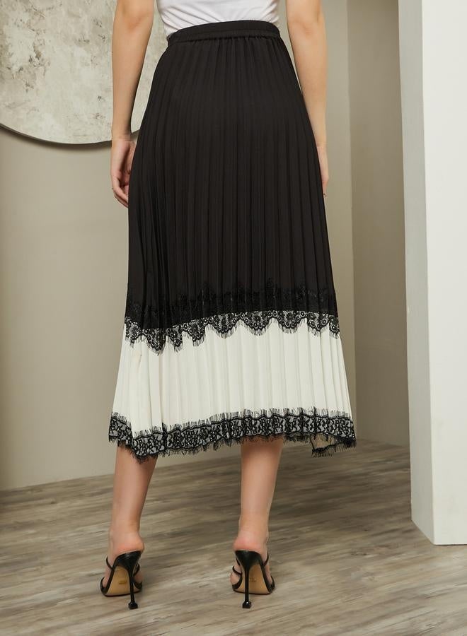 Styli Color Block Pleated A-Line Midi Skirt with Lace Trim - Image 4