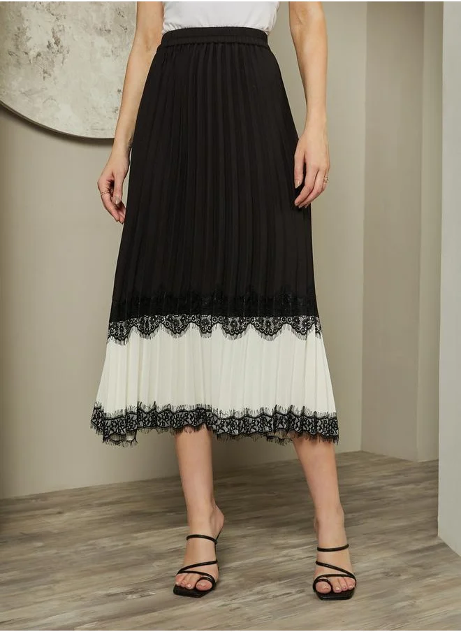 Styli Color Block Pleated A-Line Midi Skirt with Lace Trim