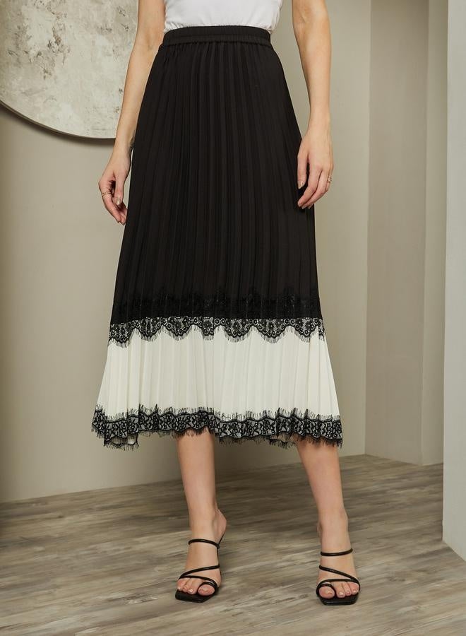 Styli Color Block Pleated A-Line Midi Skirt with Lace Trim - Image 2