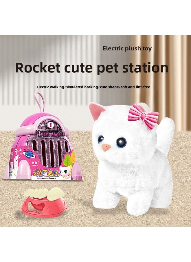 Children's Electric Simulation Sound Plush Cute Pet Rabbit Dog Cat Toy Portable Storage Rocket Station Pet Cabin-Color:(Electric Plush Dog) Rocket Cute Pet Station  - Image 4