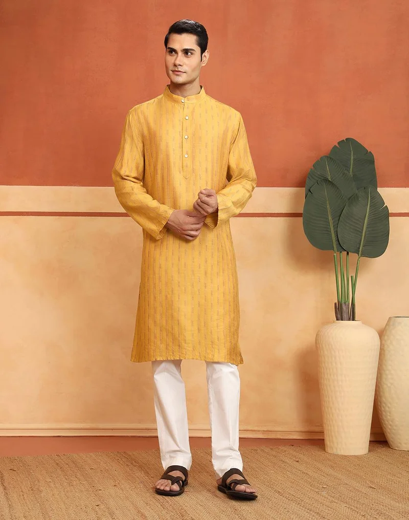 فاب انديا Yellow Viscose Blend Hand Block Printed Long Kurta