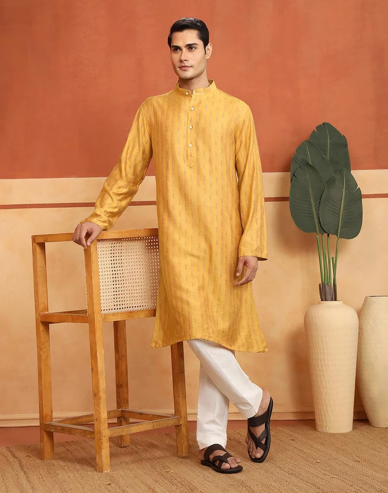فاب انديا Yellow Viscose Blend Hand Block Printed Long Kurta