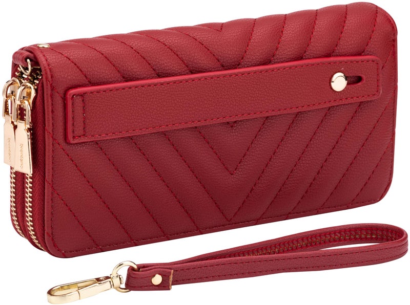 B BRENTANO Vegan Leather Double Zipper Pocket Wallet with Grip Hand Strap Red