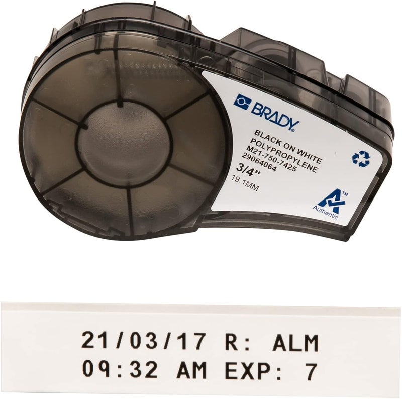 Brady Authentic (M21-750-7425) Chemical and Temp Resistant Label for Lab, Asset Tracking, and Datacom Labeling, Black on White- For M210, M210-LAB, M211, BMP21-PLUS and BMP21-LAB Printers, .75" W 21'L - Image 1