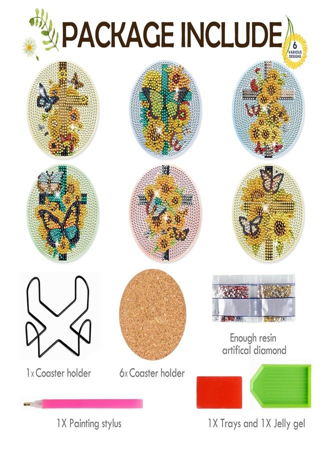 INCOK Christian Diamond Art Coasters - 6 PCS DIY Cross Diamond Painting Coasters Kits with Sunflower Butterfly Pattern Religions Art Craft Supplies Birthday Inspirational Gift for Adults Beginners - Image 4