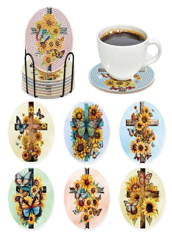 INCOK Christian Diamond Art Coasters - 6 PCS DIY Cross Diamond Painting Coasters Kits with Sunflower Butterfly Pattern Religions Art Craft Supplies Birthday Inspirational Gift for Adults Beginners - Image 1