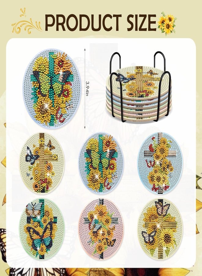 INCOK Christian Diamond Art Coasters - 6 PCS DIY Cross Diamond Painting Coasters Kits with Sunflower Butterfly Pattern Religions Art Craft Supplies Birthday Inspirational Gift for Adults Beginners - Image 2