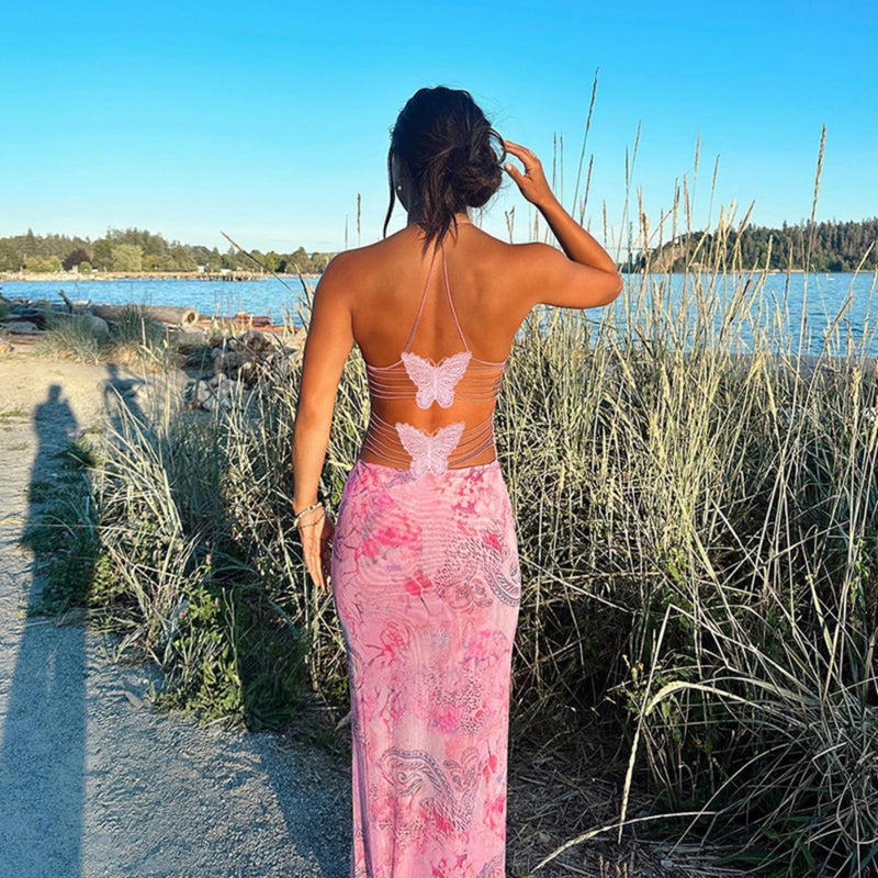 ZGMYC Women's Fairy Butterfly Maxi Dress Sexy Sleeveless Backless Long Dress Bandage String Bodycon Beach Club Party Dress - Image 2