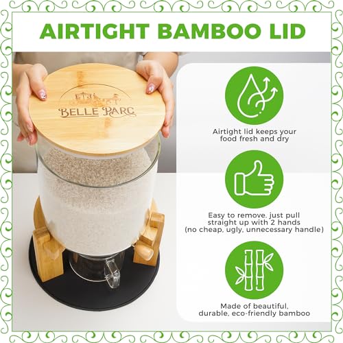 Belle Parc Glass Rice Dispenser 10 lbs, with Airtight Lid & Labels & Slider mat. Make your glass rice container Glass AND Bamboo rice container! Best 5L capacity grain dispenser and rice holder - Image 2