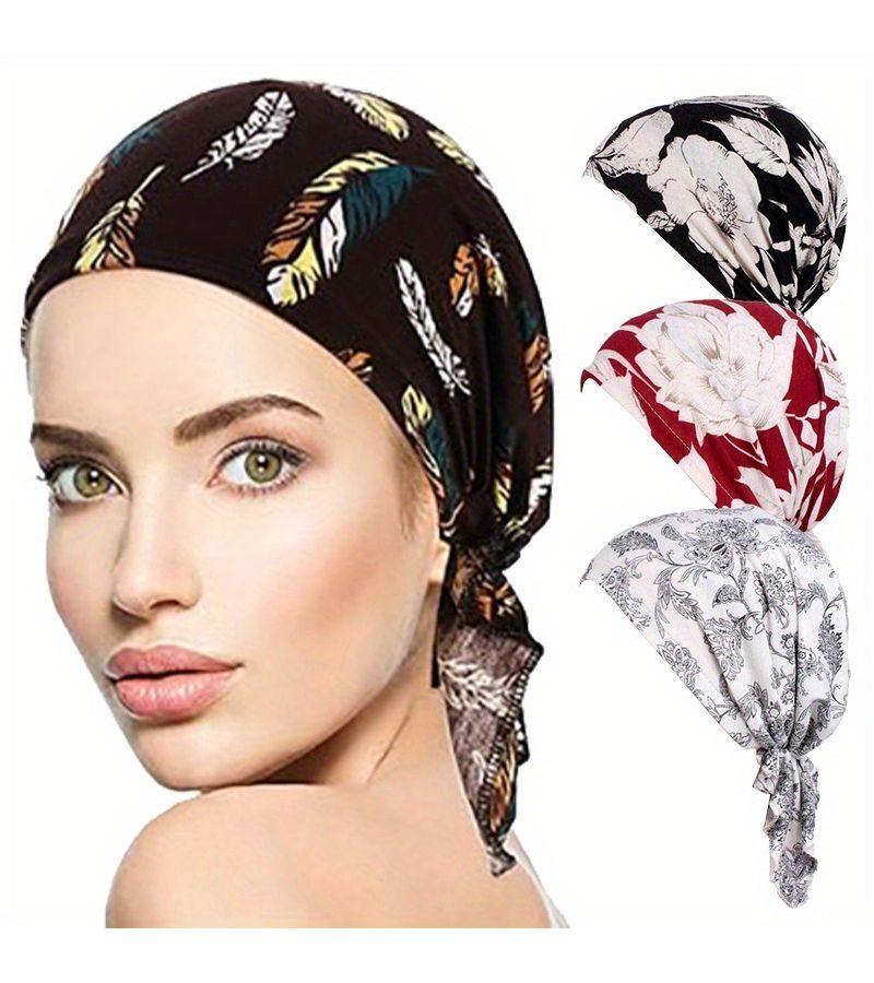 3 Pcs Printed Stretch Headscarves Chemotherapy Caps And Shower Caps Floral Green - Image 1