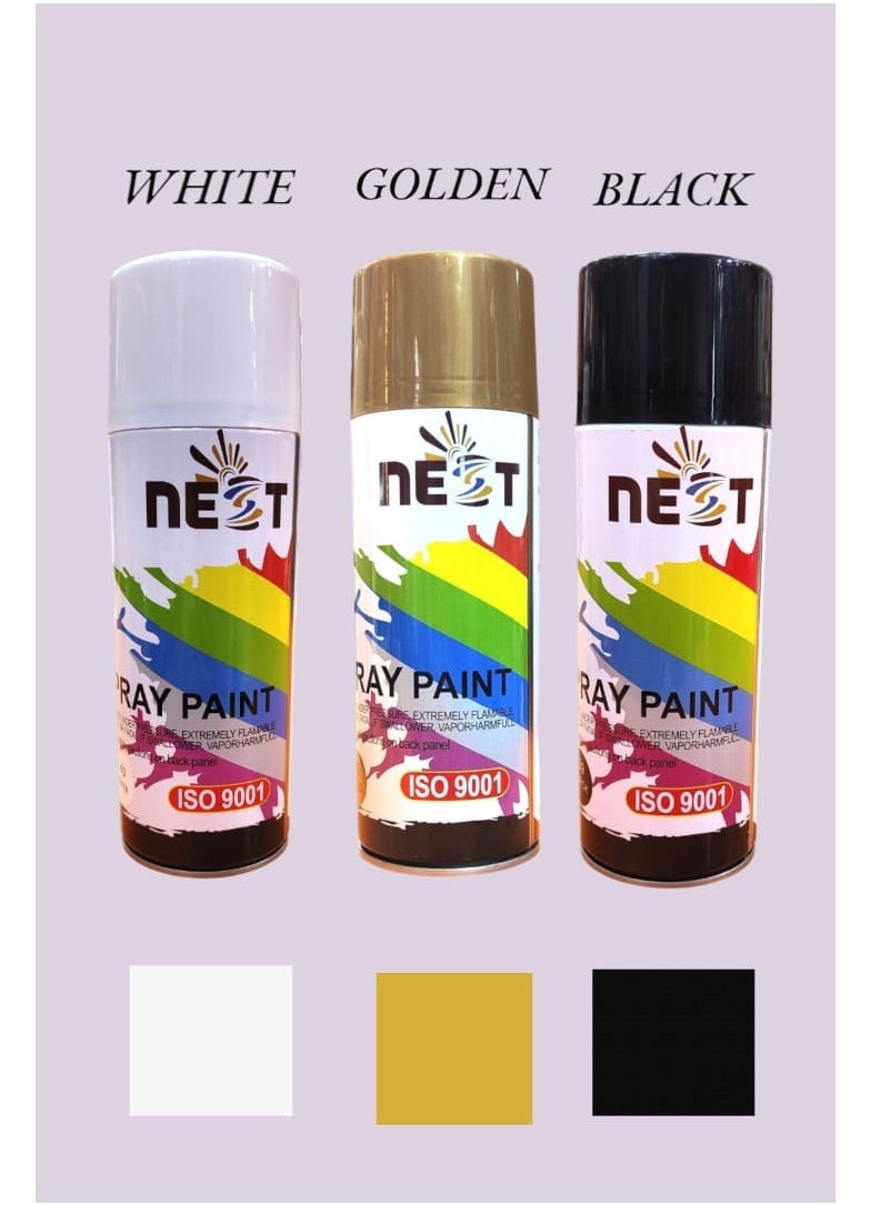 Nest "Nest Spray Paint Set - White, Gold, Black (3 x 400ml) | Multi-Surface, Fast-Drying Aerosol Paint | 