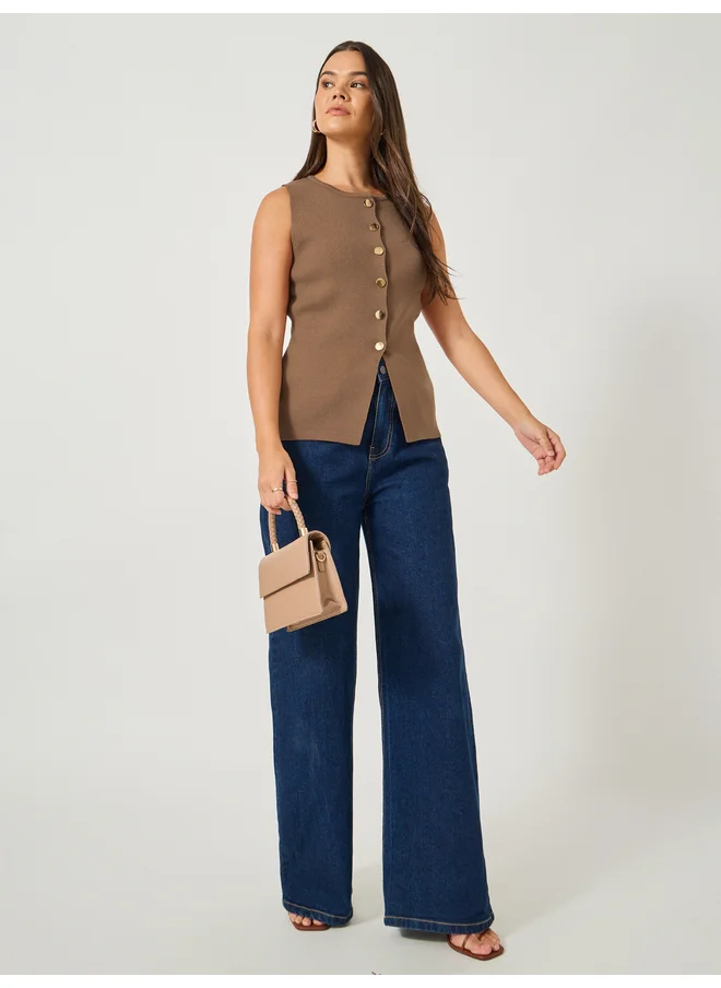 Styli Styli Plain Sleeveless Waistcoat Look Knit Top