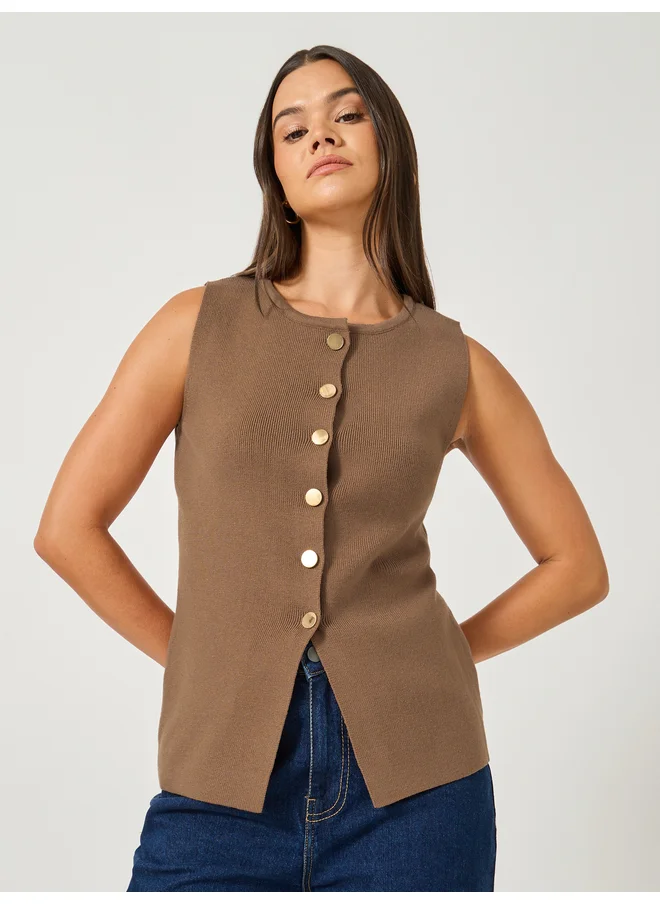 Styli Styli Plain Sleeveless Waistcoat Look Knit Top