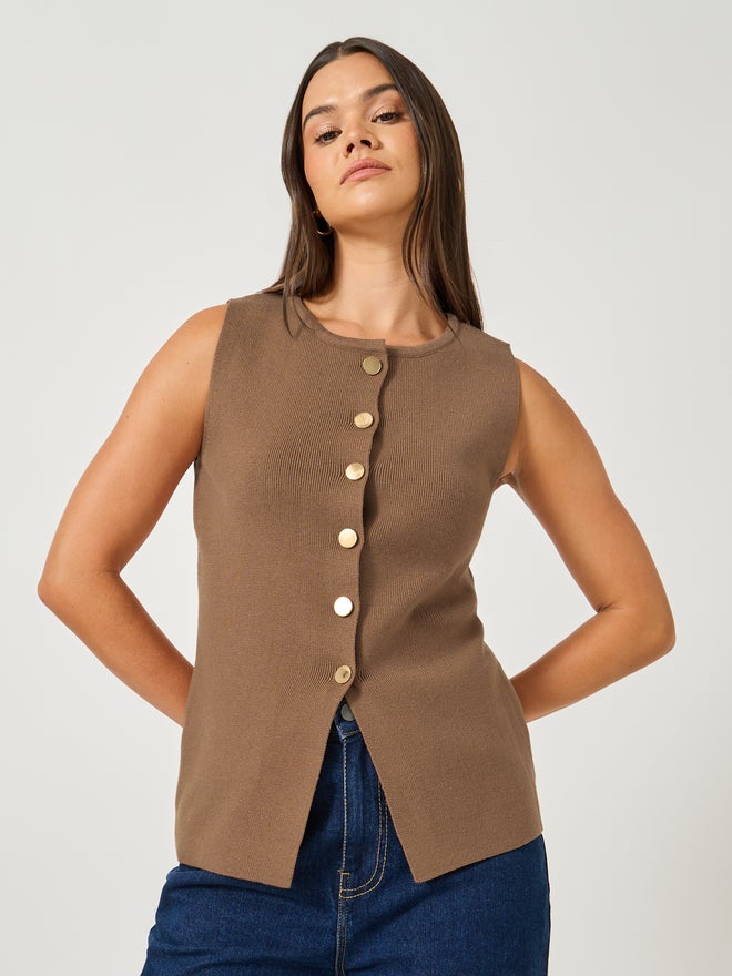Styli Styli Plain Sleeveless Waistcoat Look Knit Top  - Image 1