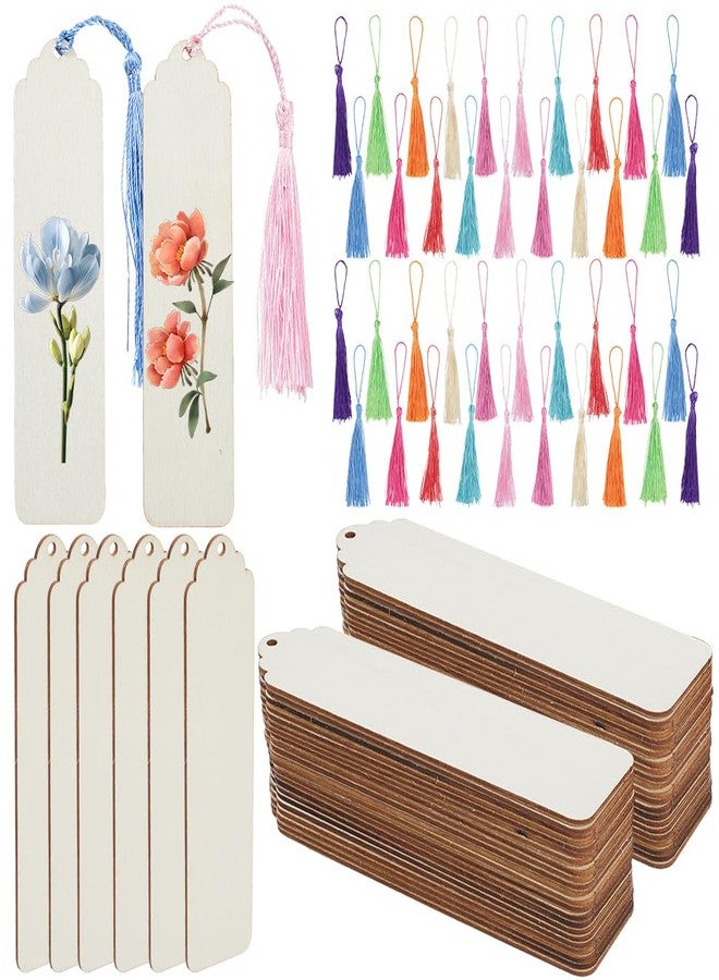 SOFPLATE 50Pcs 6 x 2 Inch Blank Wooden Bookmarks with Tassels Blank Wood Book Marks Unfinished Wooden Hanging Tags Bookmark Making Kits for DIY Crafts Wedding Party Birthday Favor Decoration Adult - Image 1