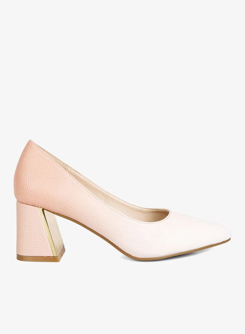 Beige & White Metallic Accent Block Heel Pumps