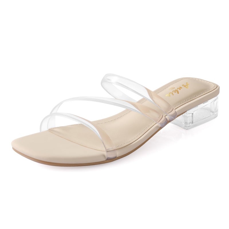Ankis Women Clear Heels-Sandals for Women 2025 Strappy Square Open Toe Low 1 Inch Chunky Block Slip on Heeled Sandal Mule - Image 1