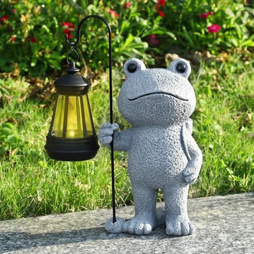 PAETAE Garden Statue Frog Outdoor Decor, Solar Patio Garden Sculptures & Statues, Resin Decor Gift for Women, Mom, Grandma, Stone - Image 1