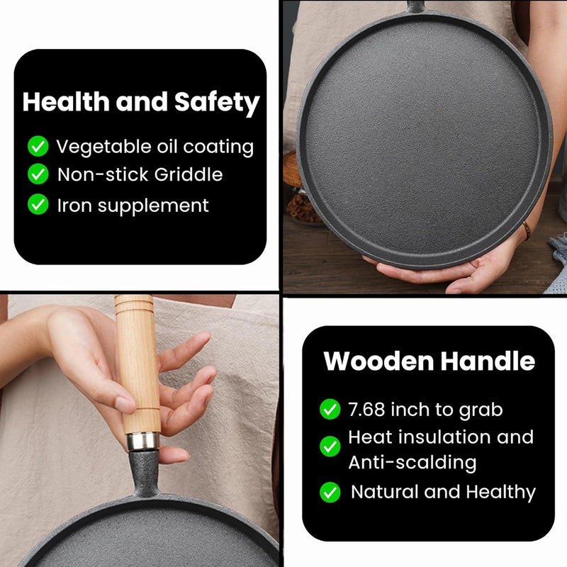 Home Essentials Cast Iron Tawa – Non-Stick 24cm Cast Iron Tawa with Wooden Handle | Iron Tawa for Chapati, Chila & More | Heavy Duty Cast Iron Cookware (Black) - Image 2