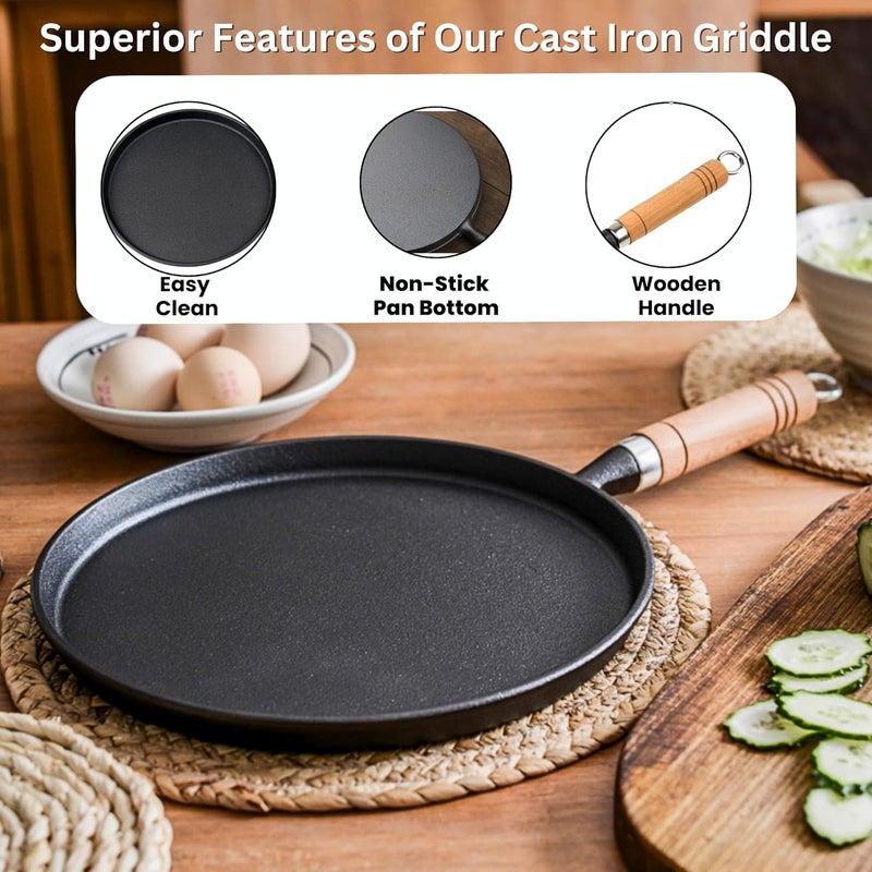 Home Essentials Cast Iron Tawa – Non-Stick 24cm Cast Iron Tawa with Wooden Handle | Iron Tawa for Chapati, Chila & More | Heavy Duty Cast Iron Cookware (Black) - Image 4