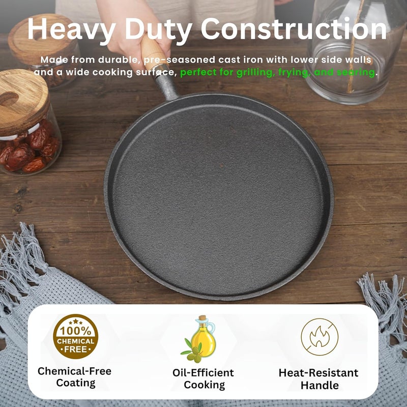 Home Essentials Cast Iron Tawa – Non-Stick 24cm Cast Iron Tawa with Wooden Handle | Iron Tawa for Chapati, Chila & More | Heavy Duty Cast Iron Cookware (Black) - Image 3