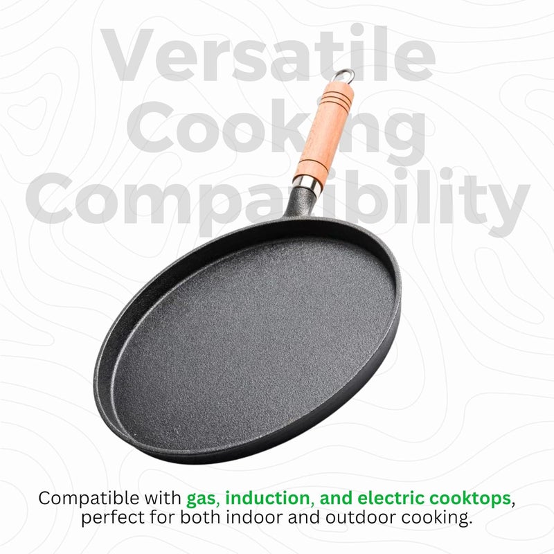 Home Essentials Cast Iron Tawa – Non-Stick 24cm Cast Iron Tawa with Wooden Handle | Iron Tawa for Chapati, Chila & More | Heavy Duty Cast Iron Cookware (Black) - Image 5