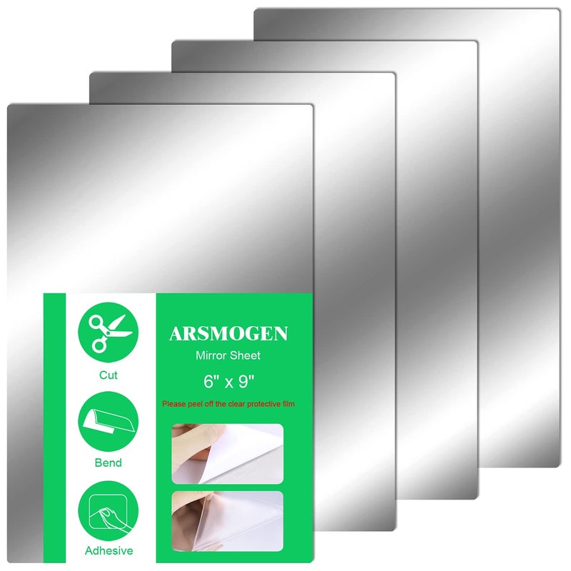 ARSMOGEN ARSMOGEN 4 Pieces Flexible Cut to Size Mirror Sheet 6 x 9 Self Adhesive Non Glass Mirror Stickers PETG Plastic Mirror 