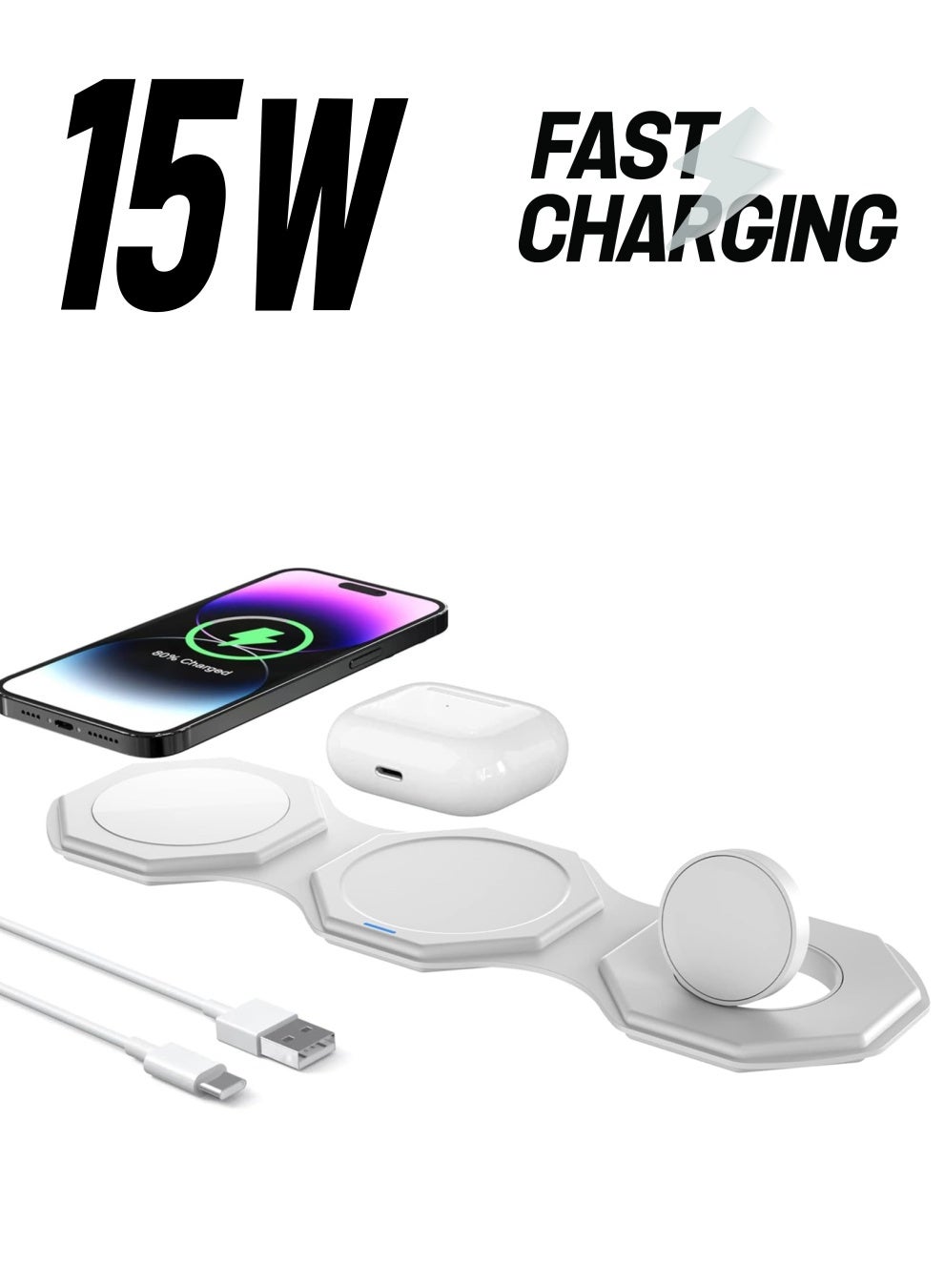 Foldable Wireless Charger, 3-in-1 Charging Station for Multiple Devices, Fast Travel Charger Stand for Apple Watch, iPhone, and Air Pods