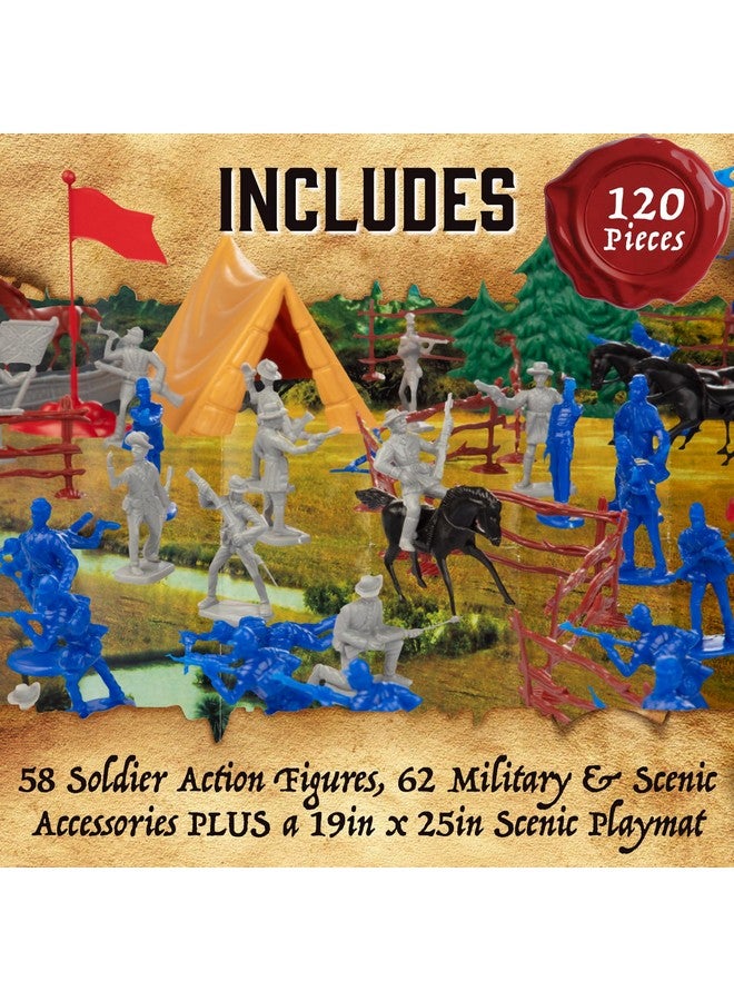 SCS Direct مجموعة ألعاب جنود الجيش من الحرب الأهلية - 120 قطعة مع جنود الكونفدرالية والاتحاد، ومدافع، وعربات، وخيول قابلة للركوب، وتضاريس، وسجادة لعب عملاقة - رائعة للديوراما ومشاريع المدرسة - Image 2