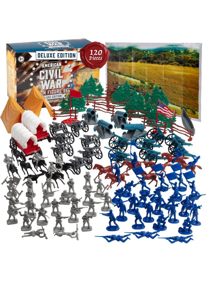 SCS Direct مجموعة ألعاب جنود الجيش من الحرب الأهلية - 120 قطعة مع جنود الكونفدرالية والاتحاد، ومدافع، وعربات، وخيول قابلة للركوب، وتضاريس، وسجادة لعب عملاقة - رائعة للديوراما ومشاريع المدرسة - Image 1