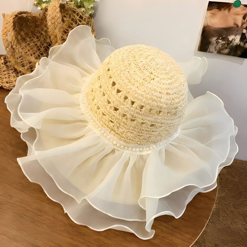 New French Flat Top Hat for Women - Large Size Beach Holiday Sun Hat with Wide Brim