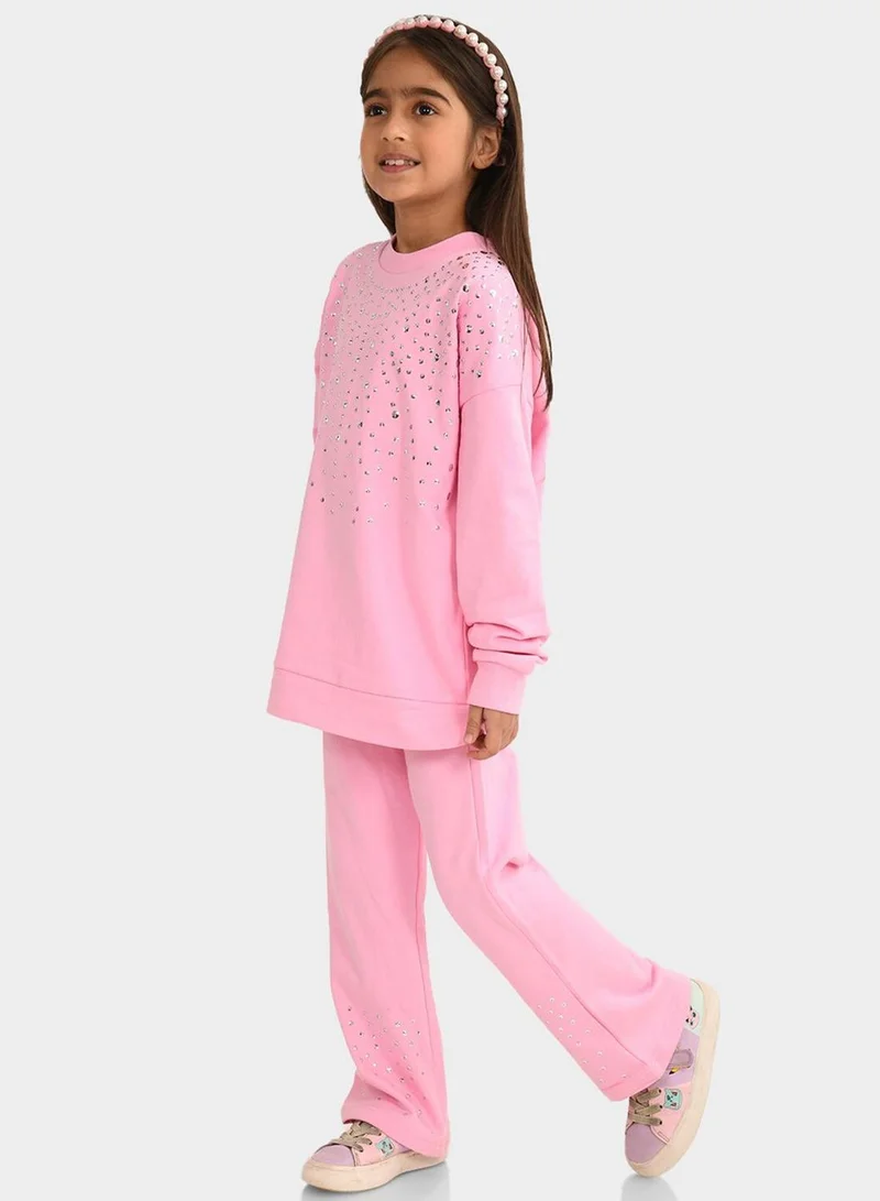 Bonkids Regular Fit Printed Pink Cotton Sets For Girls Round Neck Flat Collar Pull On 100 % Cotton