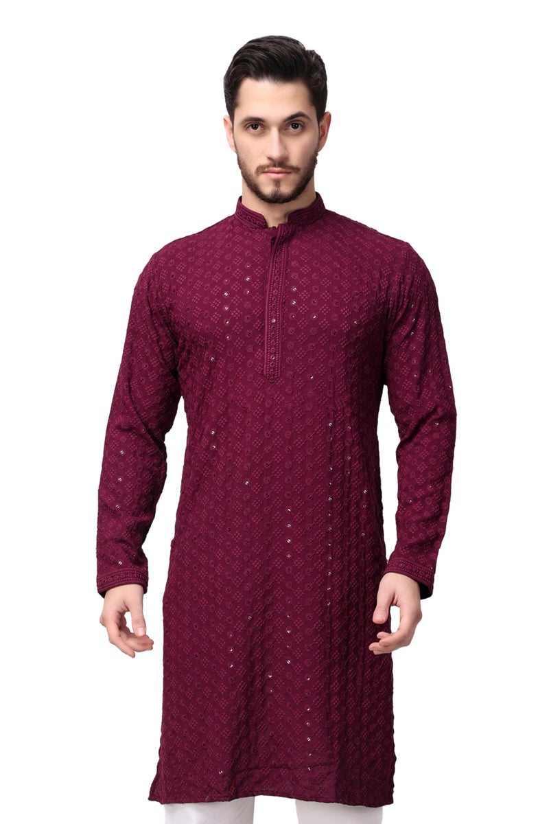 Royal Kurta Men's Cotton Chikankari Embroidered And Sequence Regular Fit Kurtas (38, Wine), Medium - Image 1