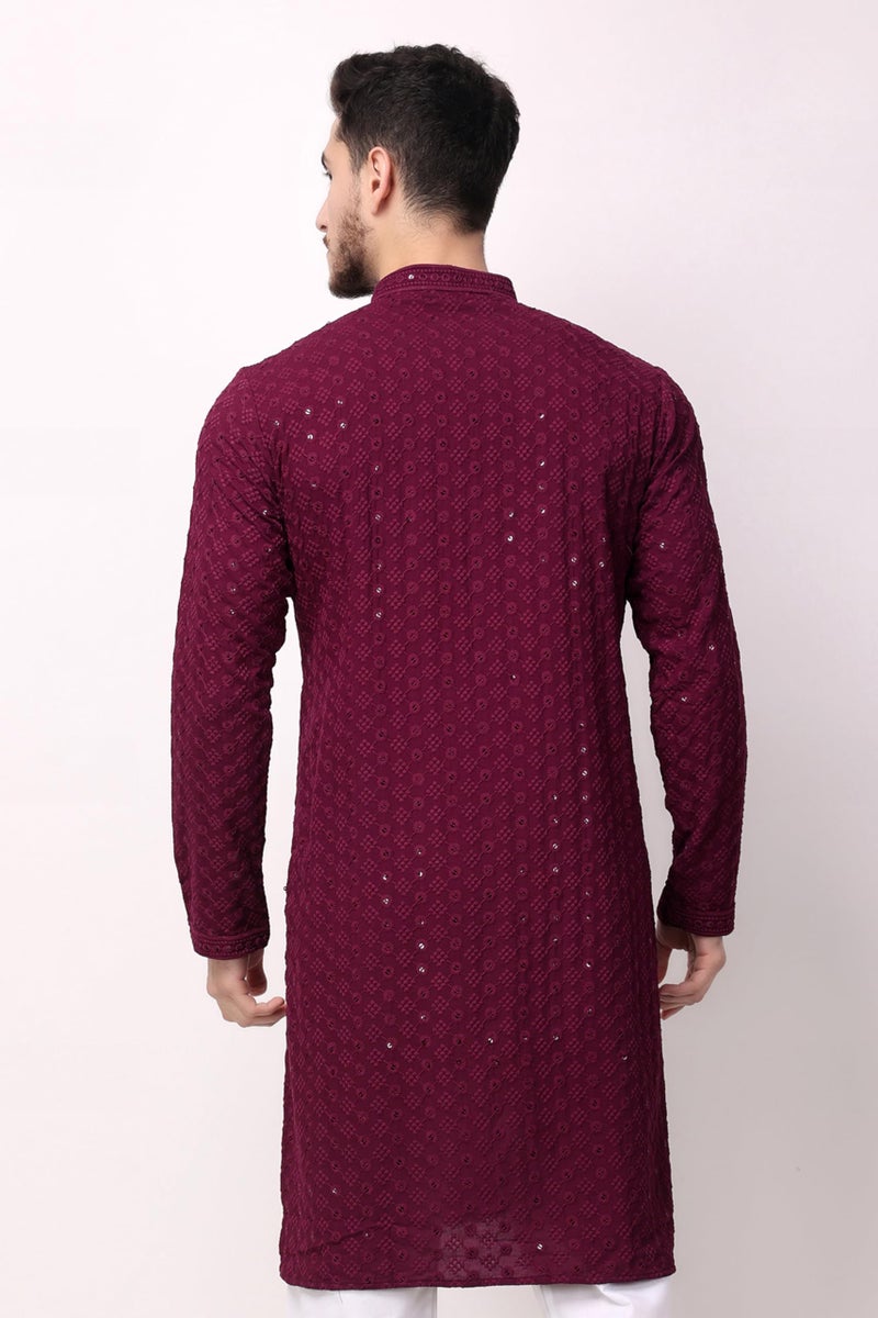 Royal Kurta Men's Cotton Chikankari Embroidered And Sequence Regular Fit Kurtas (38, Wine), Medium - Image 2