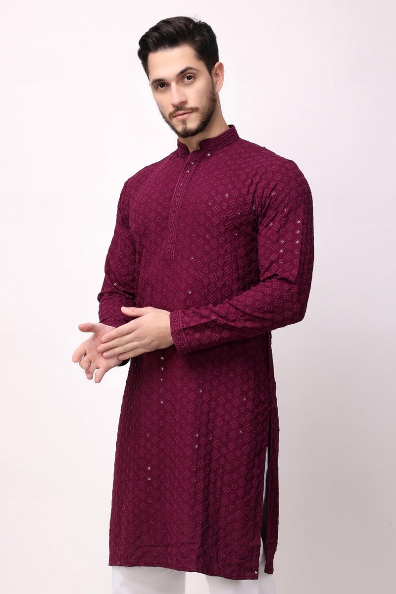 Royal Kurta Men's Cotton Chikankari Embroidered And Sequence Regular Fit Kurtas (38, Wine), Medium - Image 3