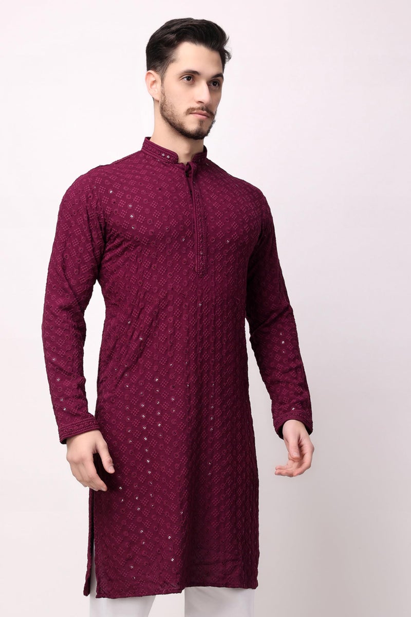 Royal Kurta Men's Cotton Chikankari Embroidered And Sequence Regular Fit Kurtas (38, Wine), Medium - Image 4