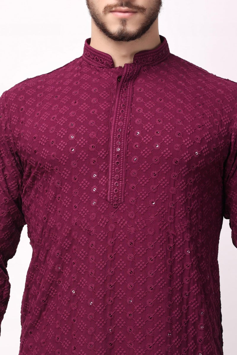 Royal Kurta Men's Cotton Chikankari Embroidered And Sequence Regular Fit Kurtas (38, Wine), Medium - Image 5