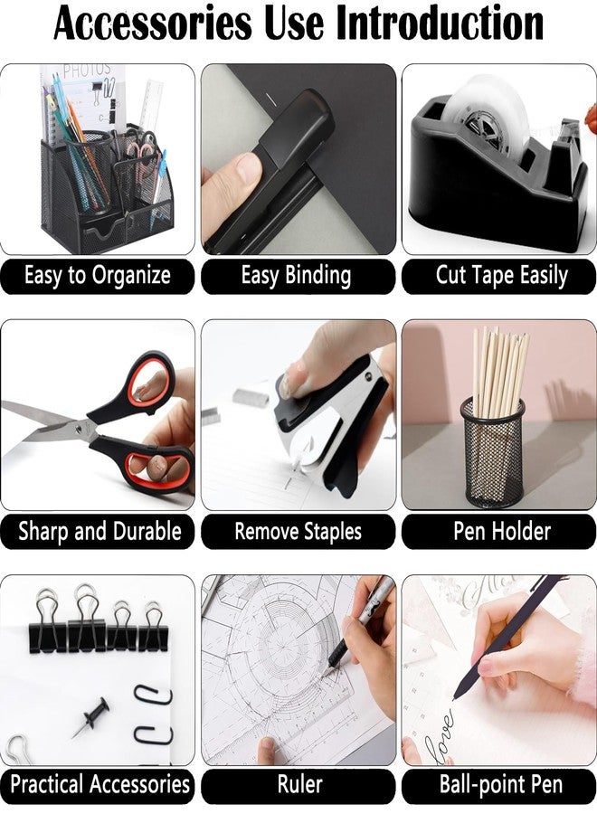 Scindaly Black Office Desk Accessories Supplies, 12pcs Desk Organizers and Accessories with Tape dispenser and Stapler,Staples,Staple Remover,Pen Holder,Scissor,Ruler,Sticky Tabs,Tape,Ballpoint Pen,Clips Set - Image 3