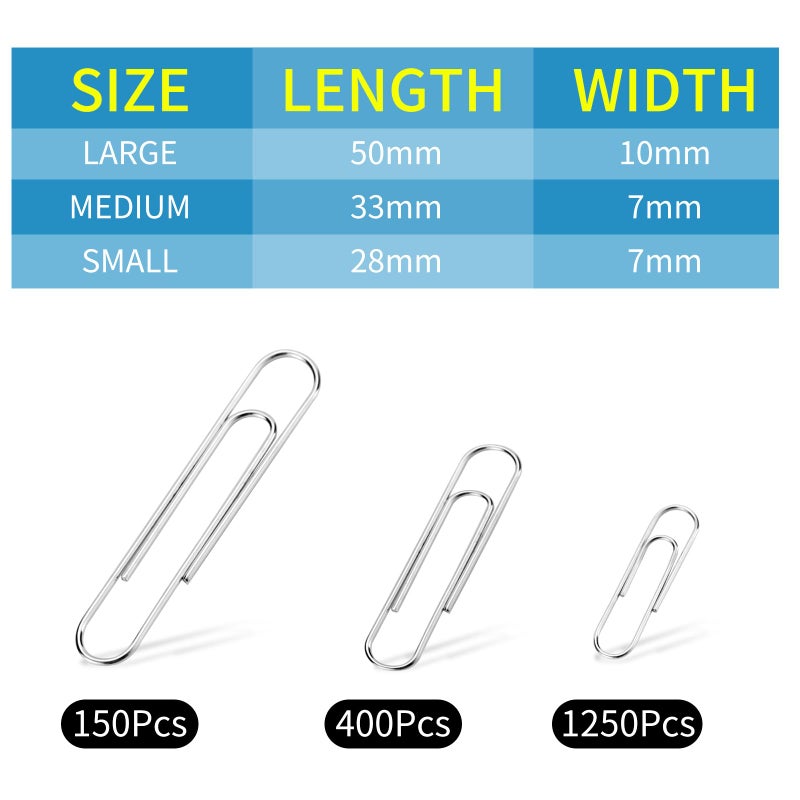 BainGesk 1800 Paper Clips Assorted Sizes Large, Medium and Small, Durable and Rustproof, Paperclips for Office School and Personal Use, Office Supplies Document Organizing (50mm, 33mm, 28mm) (Silver) - Image 2