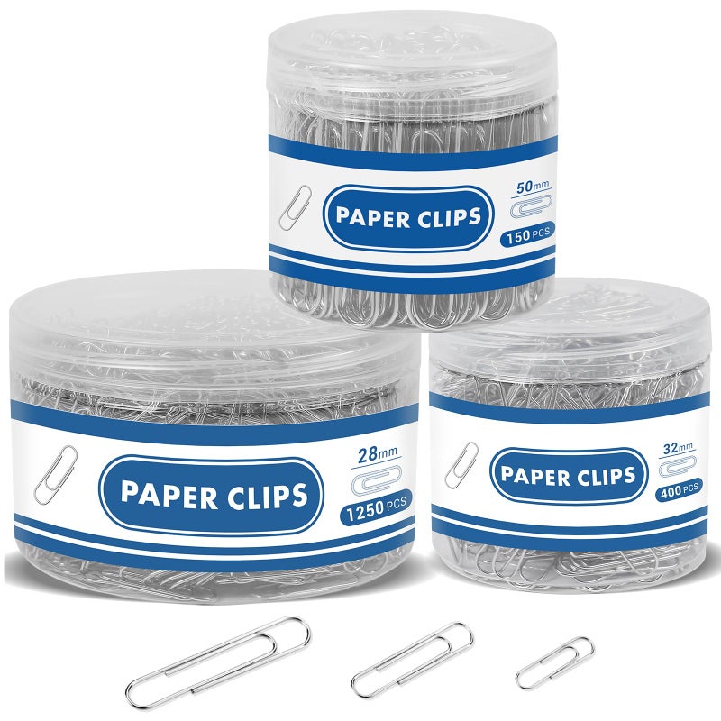 BainGesk 1800 Paper Clips Assorted Sizes Large, Medium and Small, Durable and Rustproof, Paperclips for Office School and Personal Use, Office Supplies Document Organizing (50mm, 33mm, 28mm) (Silver) - Image 1