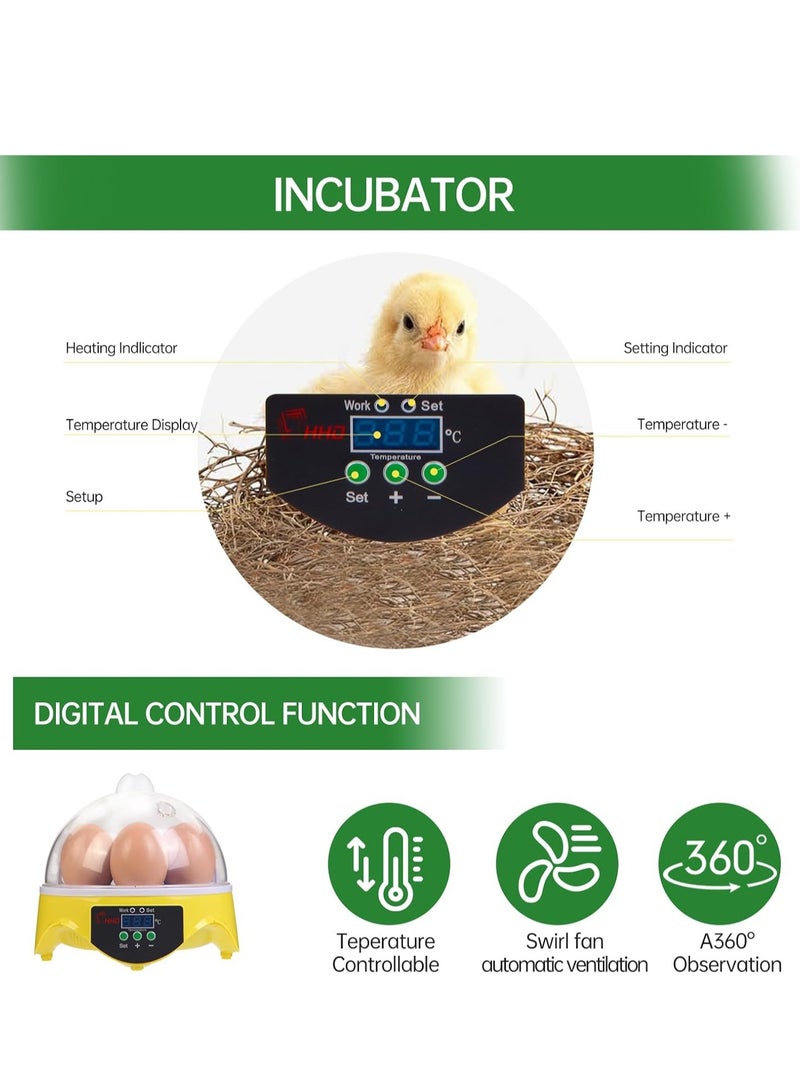 Generic 360° View 7-Egg Poultry Incubator for Hatching Chicken, Duck, Goose, Parrot, and Quail Eggs, with Temperature Control, yellow  - Image 5