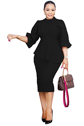 Ekaliy Women's Sexy Retro Square Neck Ruffle Style Business Pencil Midi Dress XL - Image 5