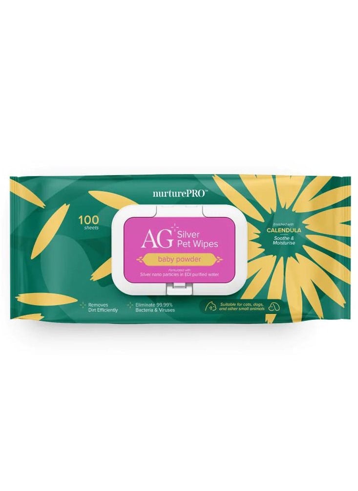 NurturePro AG+ Silver Pet Wet Wipes Baby Powder Scent 100 Sheets 
