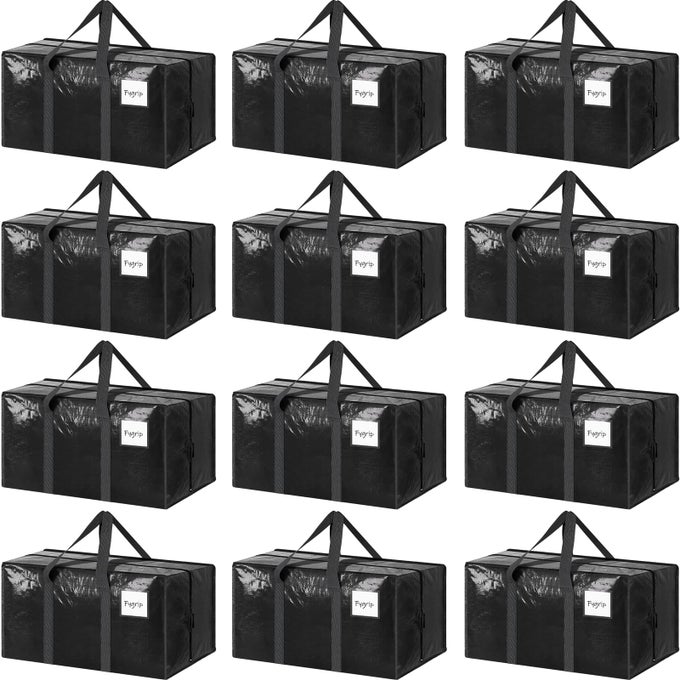 12 PACK EXTRA HEAVY DUTY LARGE MOVING BAGS WITH STRONG ZIPPER COMFORTABLE HANDLES STURDY DURABLE CLOTHES STORAGE BAGS TOTES BINS PACKING MOVING BOXES FOR COLLEGE SUPPLIES BLACK