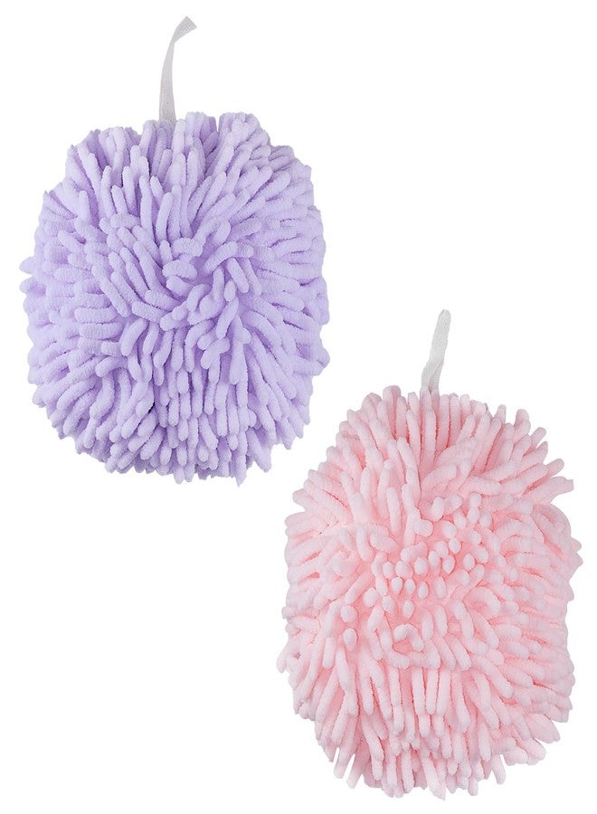 Featuman Decorative Ball Hand Towel with Loop, 2 Pcs Quick Drying Soft Chenille Hand Towels for Bathroom, Kitchen, Home Decoration (Pink and Purple) - Image 1