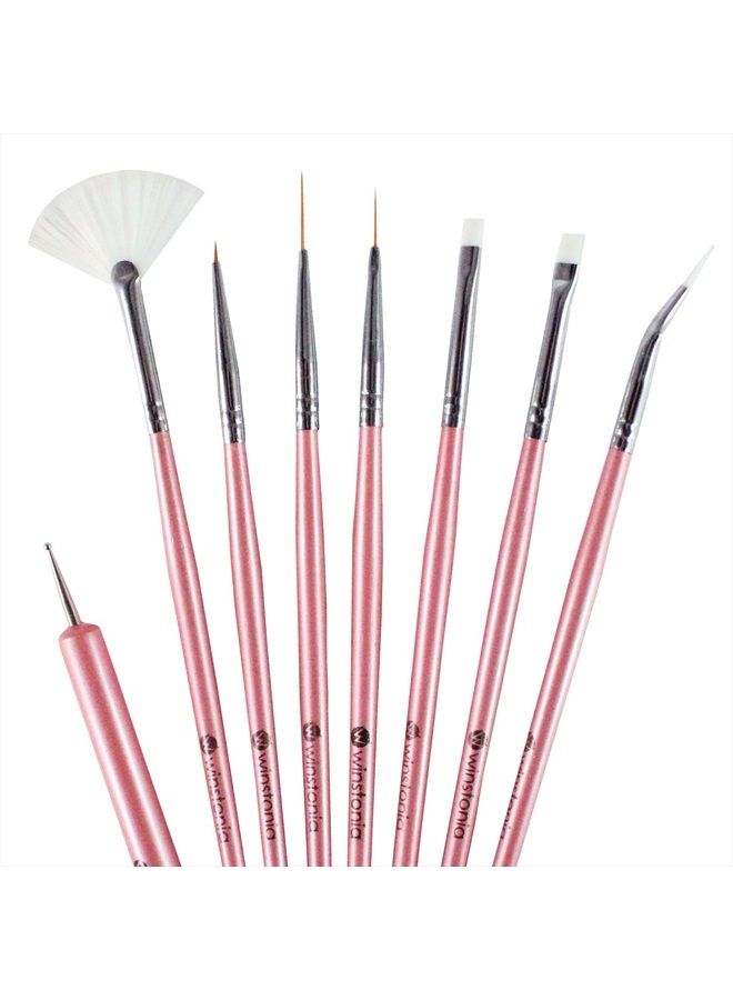 Winstonia 8 pcs Professional Nail Art Brushes Tools Kit Set - 'Glam Gadgets' Detailer, Liner, Dotter, Fan Brush, Striping Brush, Uv Gel Brush, Angular Brush - Image 1