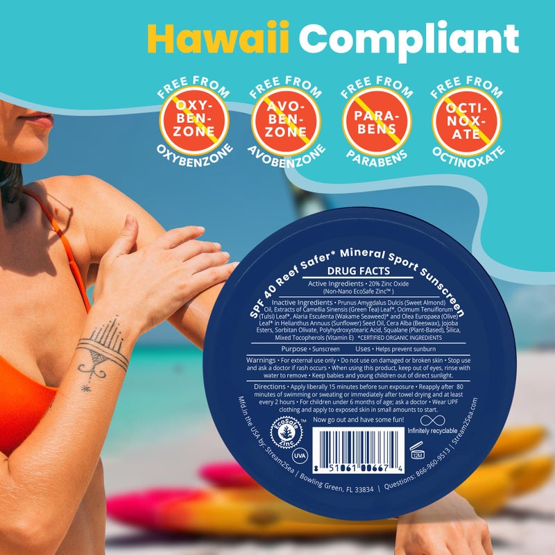 STREAM 2 SEA STREAM2SEA SPF40 Unscented Reef Safe Mineral Sport Sunscreen in Tin with 20% EcoSafe Zinc for Face & Body, Natural Organic Biodegradable Non Toxic Coral Reef Safe Sunscreen, Travel Size, Mineral Based - Image 5