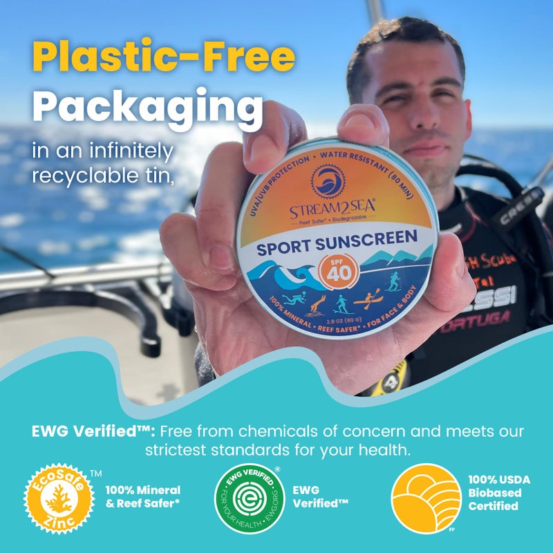 STREAM 2 SEA STREAM2SEA SPF40 Unscented Reef Safe Mineral Sport Sunscreen in Tin with 20% EcoSafe Zinc for Face & Body, Natural Organic Biodegradable Non Toxic Coral Reef Safe Sunscreen, Travel Size, Mineral Based - Image 2